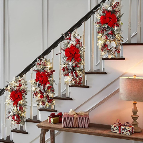 Guirnalda De Luces Navideñas Con Hojas Rojas Con Luces Led