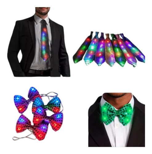 Combo Moño + Corbata Led Luminoso Cotillon Carioca Fiesta X5