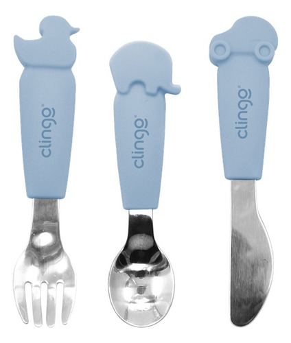 Kit Talheres Animais Metal E Silicone Azul - Clingo