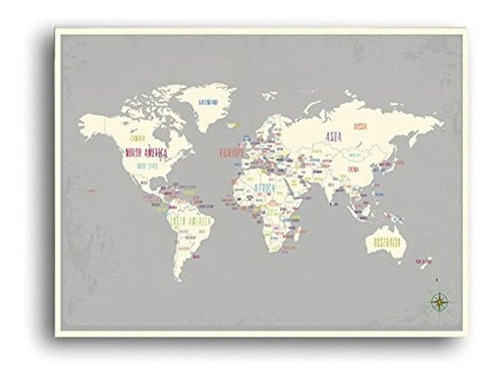 Infantil Mapa Del Mundo Pared Arte Impresion En Gris 18 X 1