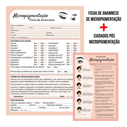 Kit Ficha Anamnese Micropigmentação + Bloco Cuidados Cliente
