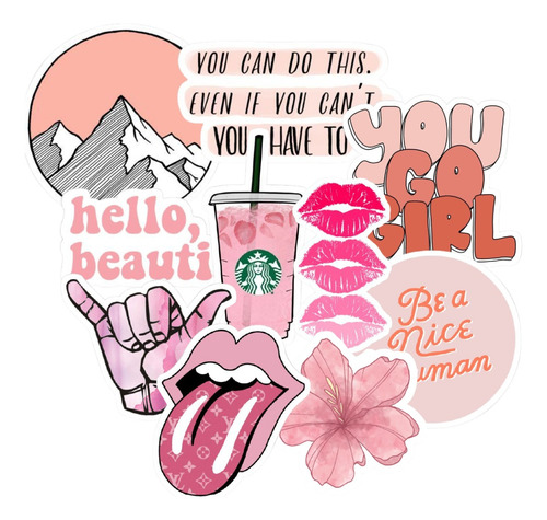 Stickers Calcos Mix Rosa X10 Vinilo Resistente Agua Termo