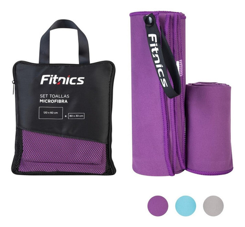 Toalla Microfibra Fitnics Set De 2 (120x60 +80x30) + Estuche Color Morado