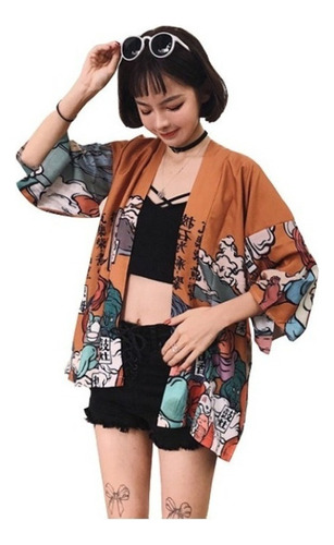 Kimono Abrigo Suelto Para Mujer Con Estampa