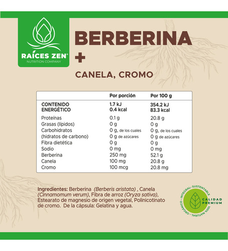 Berberina Cromo y Canela 60 Capsulas Para Mantener Niveles Estables de Azucar en Sangre Raices Zen Suplemento Súper Premium