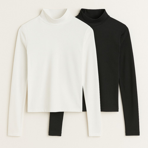 Pack Combo X2 Polera Basica Manga Larga Mujer Blanco Y Negro Único