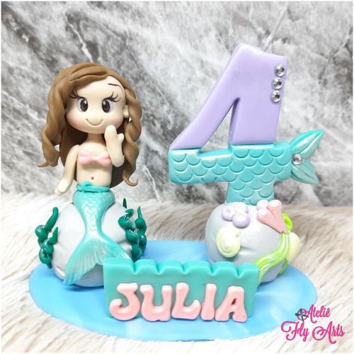 Imagem 8 de 9 de Topo Bolo Personalizado Biscuit Vela Sereia , Fundo Do Mar