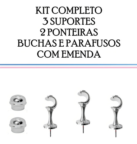 Kit Varão Cromado 2 Metros Simples 19mm Para Cortina Padrão