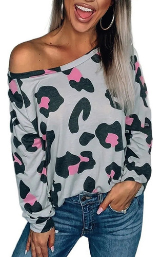 Blusa Manga Larga Leopardo Animal Print Fiusha Color Gris