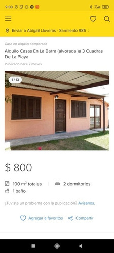 Alquilo Casas, En El Chuy, En La Barra (alvorada)a 3 Cuadras De La Playa