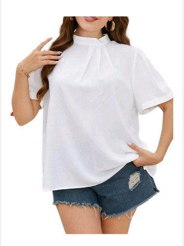 Blusa Plus Size De Poliéster, Cuello Alto Con Fruncido, Xxl