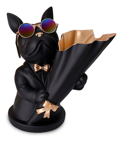 Estátua Estatueta Decoração Decorativa Cachorro Bulldog Vaso Suporte de Flor Sala Area de Festa Mesa de Centro Cor preto