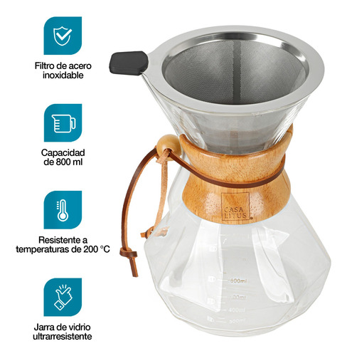Cafetera Tipo Chemex Grande 800 Ml Con Filtro Acero Inoxidab