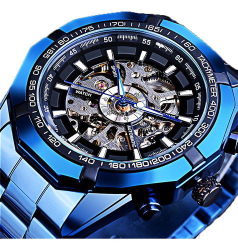 Forsining Esqueleto Mecánico Hombres Relojes Azul Moda