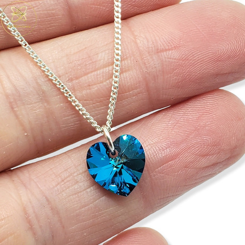 Imagen 2 de 5 de Cadena Plata + Dije Corazon Cristal Swa Azul 10mm