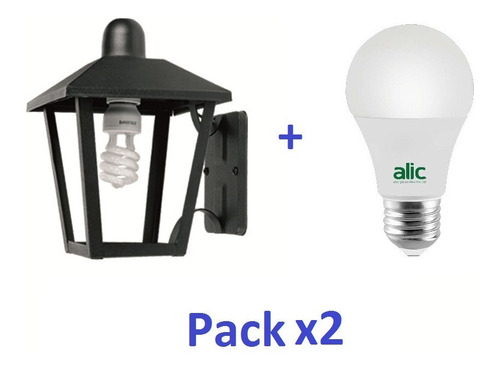 Pack X2 Farol Pared C/ Trapecio + Lampara 9w Luz Fria Calida