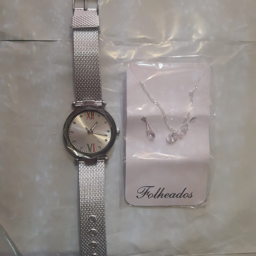 Relógio Feminino Com Brinco E Cordão Foliados Promoção!