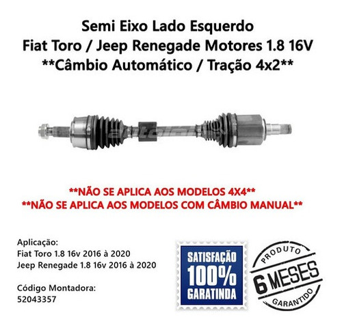 Semi Eixo Jeep Renegade 1.8 Até 2020 4x2 Automática Esquerdo
