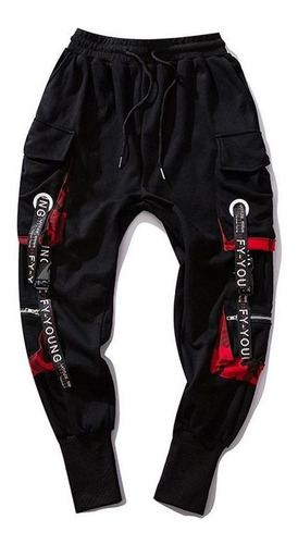 Hop Joggers Hombre Letra Cintas Bolsillos Cargo Pantalones