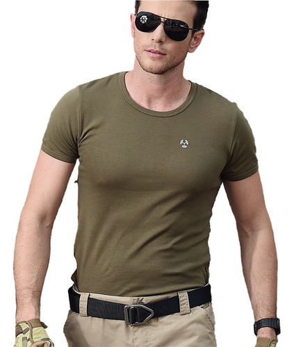 Camiseta Táctica De Algodón Elástico Con Cuello Redondo