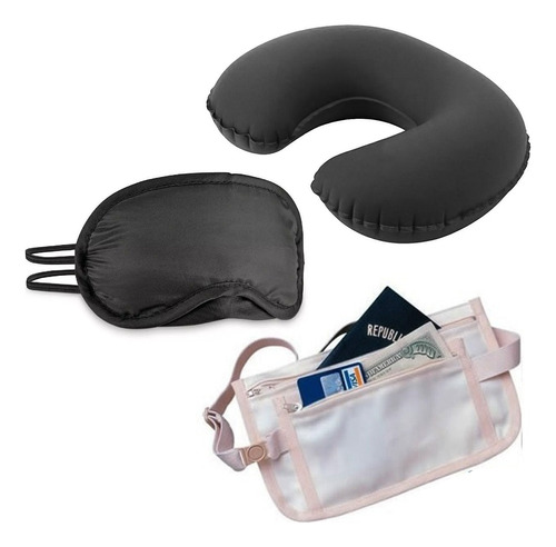 Combo Almohada Inflable + Riñonera Antirobo + Antifaz Dormir