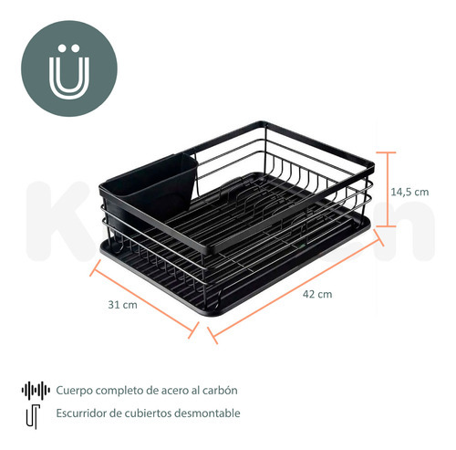 Secaplato Escurridor De Acero Al Carbono Bandeja Plástica Color Negro
