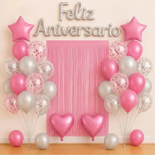 Kit Balão Feliz Aniversário Decoração Festa Cortina E Faixa Rosa Prata