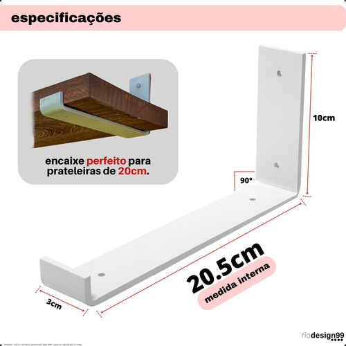 20cm - Mão Francesa Cantoneira Branca Invertida - Rio Design99 - Ferro Aço Suporte Para Prateleira Reforçada Resistente Industrial Madeira Bancada Estantes S19