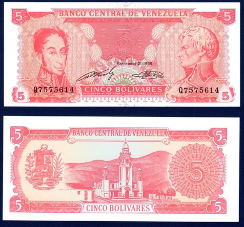 Billete 5 Bolívares Q7 Septiembre 21 1989 Bolívar Y Miranda