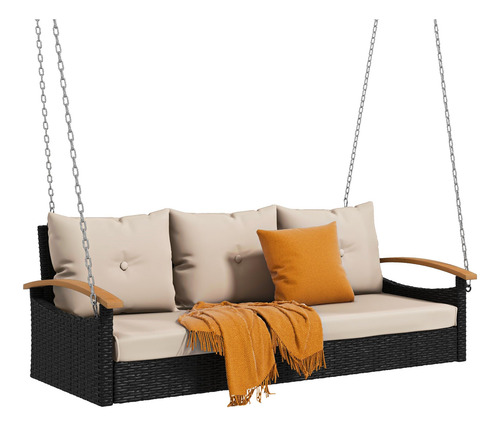 Columpio Colgante De Mimbre Para 3 Asientos, Negro-beige