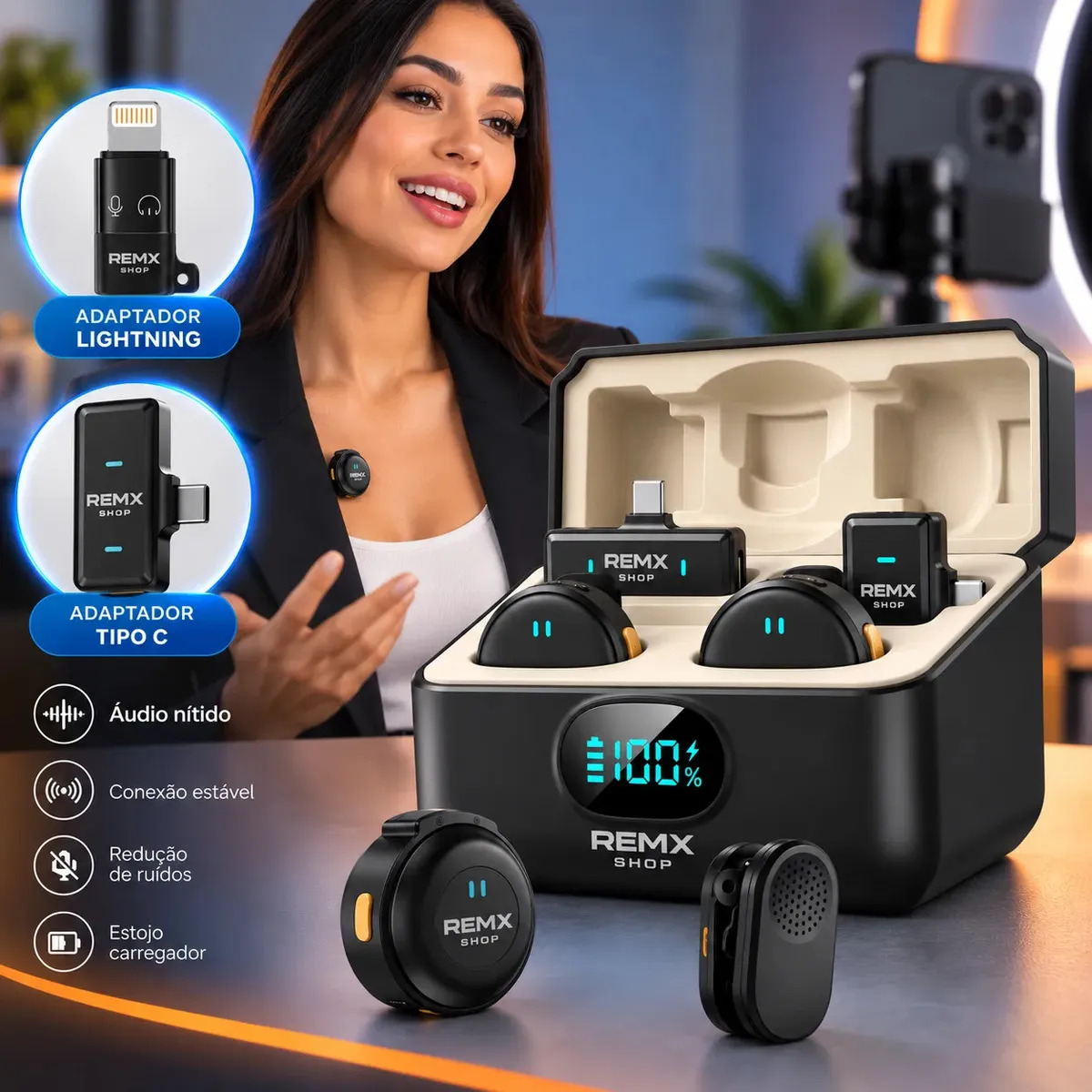 Microfone Lapela Redondo Sem Fio Duplo Imã Para Android E iPhone 15 16 17 Anti Ruído Com Caixinha Para Carregamento Portátil Remx Shop