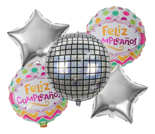 Set Globos Metalizados Bola Disco Esférico Estrellas Fc 5pzs