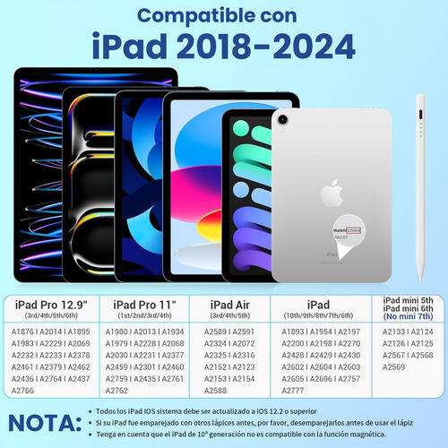 Lápiz Óptico Stylus Pluma Tactil Capacitivo Para iPad/iPad Air/ iPad Mini/ iPad Pro Con Función De Fijación Magnética Y Sensor De Inclinación, Punta De Repuesto Reemplazable, Carga Rápida Usb-c