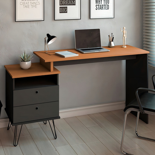 Mesa Escrivaninha Estilo Industrial Flex Lux A06 - Mpozenato Cor Freijó/Preto