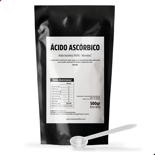 Acido Ascórbico 99% Vitamina C Máxima Pureza X 500 Gr Neutro 100% Pureza Vitamina C