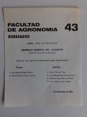 Lista Eleccion Universitaria Agronomia 1987 Ing Alvaro Ramos