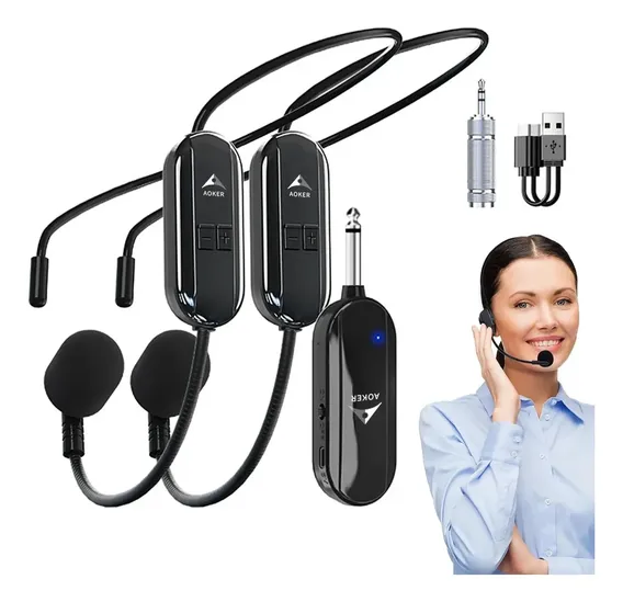 Kit 2 Microfone Sem Fio Headset Aula Conferencia Professor Preto Aoker Compatível com as entradas de microfone P10 e P2 Adequado Para Orientação De Percursos Montado Na Cabeça E Portátil 2 Em 1