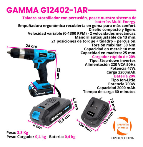 Taladro Atornillador Percutor A Batería Gamma 13mm G12402/1