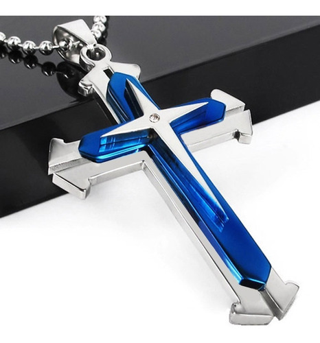 Corrente Aço Inox Cordão Pingente Cruz Crucifixo Azul