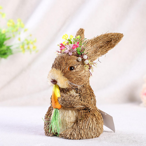 Bonito Conejo De Pascua De Paja, Estatua 12x11x21cm