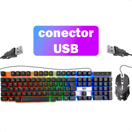 Kit Teclado Led Rgb Com Mouse Usb Com Fio Teclas Macias