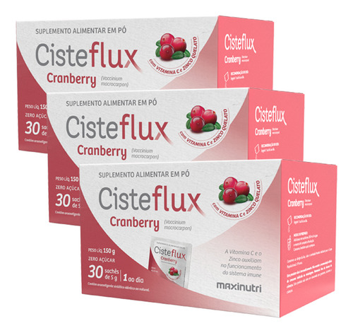 Kit 3 Cisteflux Cranberry Auxilia Sistema Imune 30 Saches 5g Sabor Sem Sabor