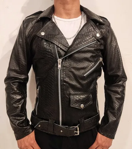 Chamarra Biker De Piel Pitón Hombre Chaqueta Negra Slim