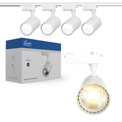 Kit 4 Spot Super Led Capa Branco 20w Com Trilho 1m Eletrificado Cor Da Luz Branco Quente Lumi Premium