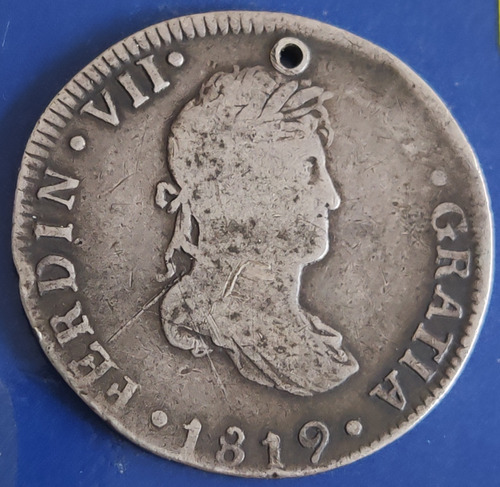 Antigua Moneda De 2 Reales De 1819, Fernando 7, Plata.