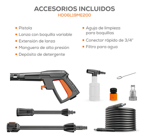 Hidrolavadora Hobby Clean Evans 1.6kw 1900psi 120v 2hp 6lpm Color Naranja Frecuencia 60hz