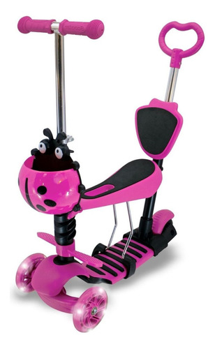 Scooter Inf. 3 ruedas, 5 en 1, mariquita con cesta y color de luz: rosa