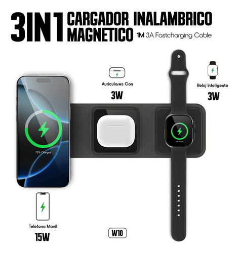 Base Cargador Inalámbrico 3en1 Magsafe 15w Kbod W10 Plegable
