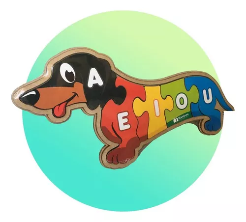 Quebra-Cabeça Educativo em Madeira Cachorro com Vogais e Números