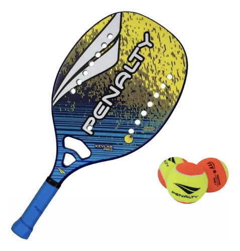 Kit Raquete Profissional Beach Tennis Penalty + 3 Bolas Cor Azul/Amarelo